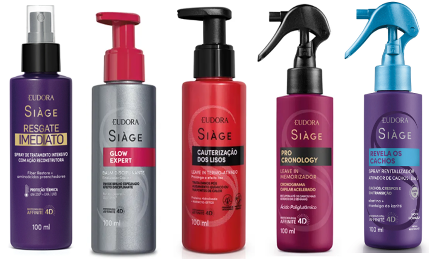 Cinco produtos Eudora Siàge em frascos coloridos alinhados