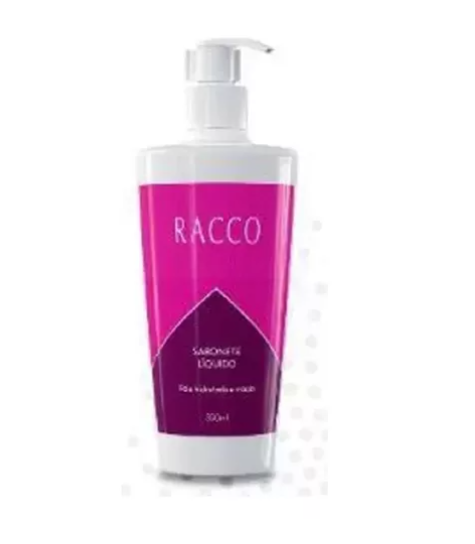 Frasco de sabão líquido RACCO branco com etiqueta rosa e roxa.