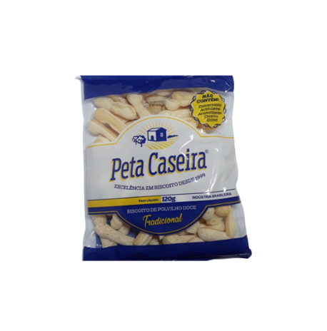 Pacote de biscoito Peta Caseira tradicional 120g em embalagem azul e branca