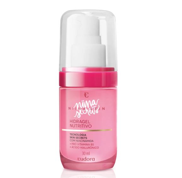 Frasco rosa de hidratação facial Hidragel Nutritivo Nina Soter 30 ml com doseador