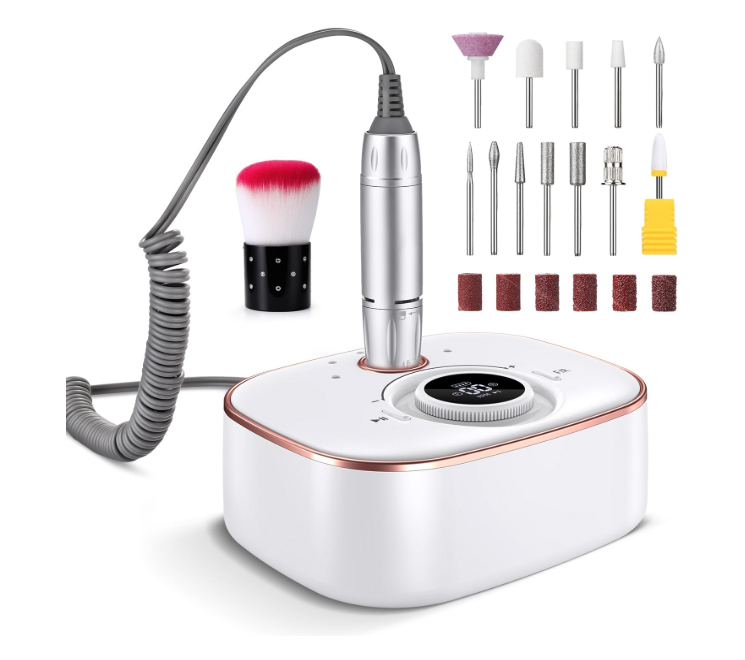 Aparelho elétrico branco com acessórios para manicure e pincel