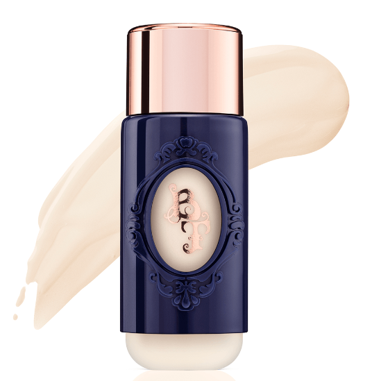 Frasco de base líquida azul escuro com tampa rosada e letras LOFT