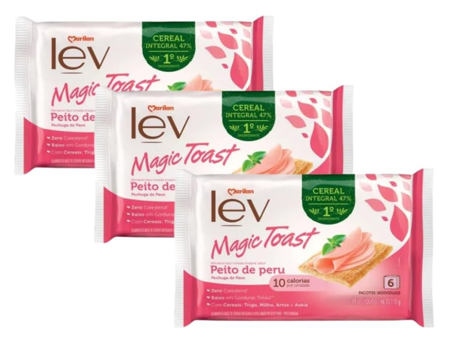 Pacotes de bolachas Magic Toast sabor Peito de Peru em embalagem rosa e branca