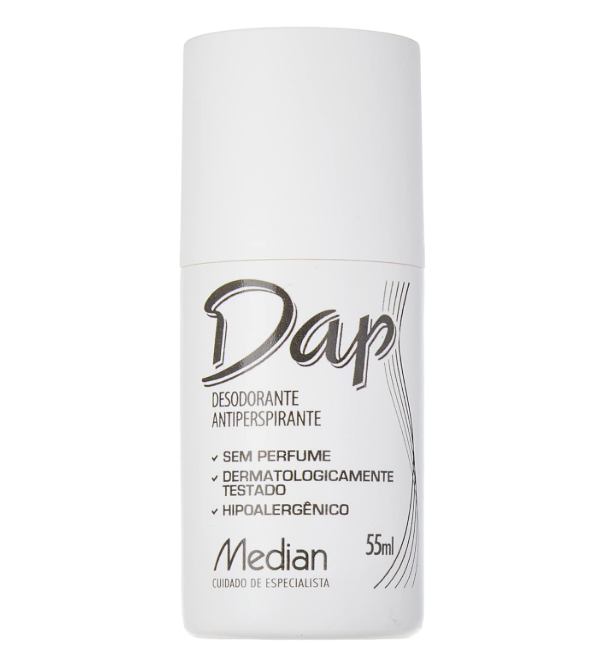 Desodorizante antitranspirante Dap branco 55 ml com texto preto
