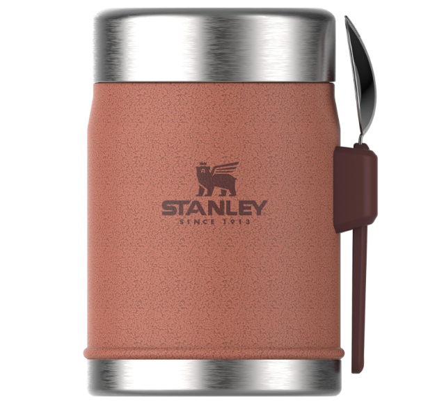 Frasco térmico castanho com logotipo Stanley e colher prateada na lateral