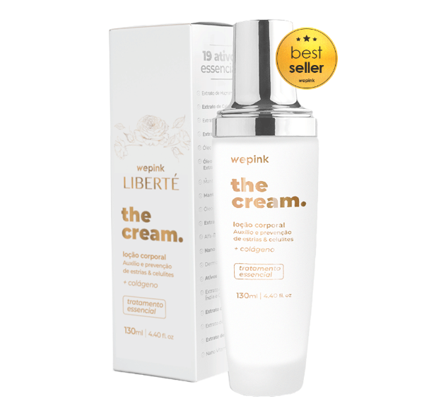 Frasco branco de loção corporal 'the cream.' da marca wepink com embalagem branca ao lado.