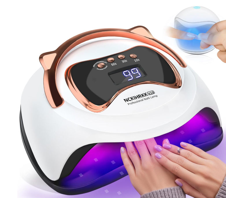 Secador de unhas LED branco com detalhes em cobre e visor digital azul.