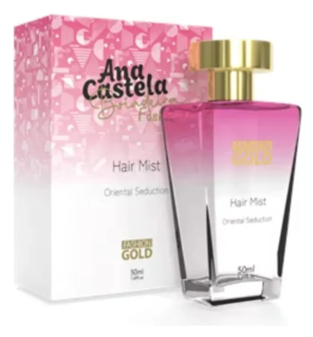 Frasco rosa e transparente de Hair Mist Ana Castela com tampa dourada e caixa rosa com padrões e texto.
