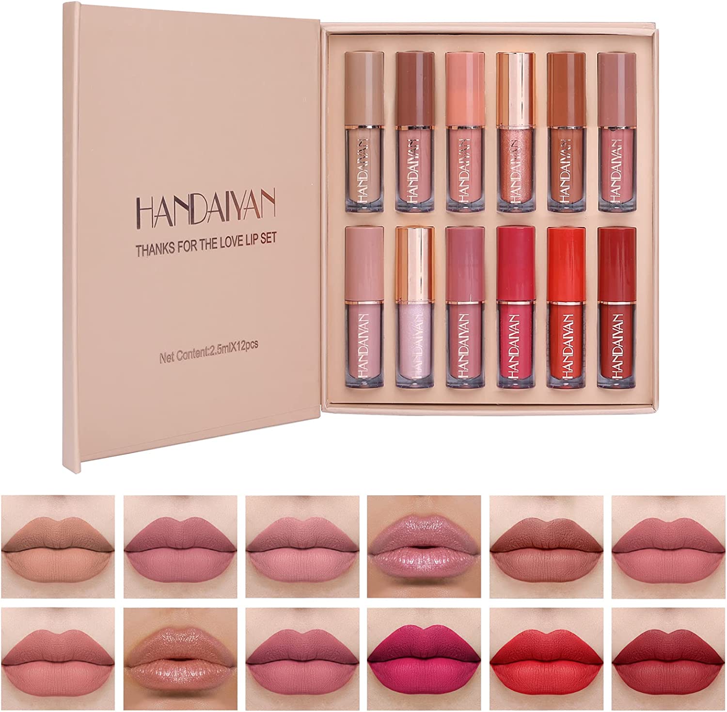 Conjunto de 12 batons líquidos HANDAYAN em vários tons num estojo rosa.