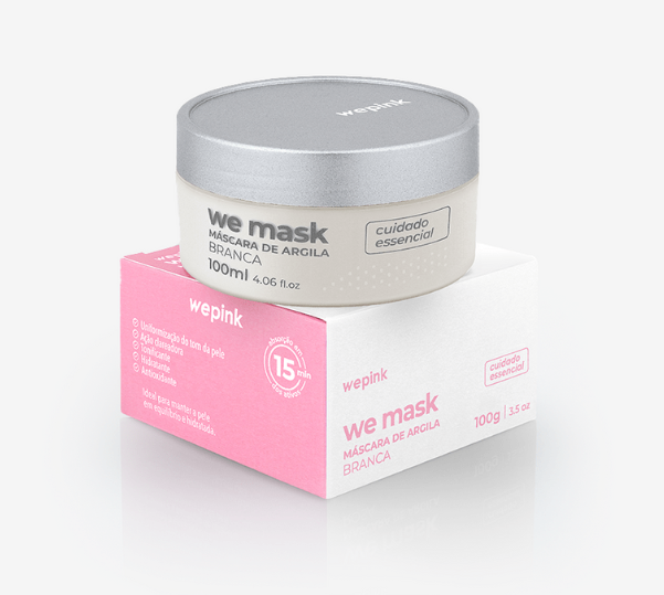 Frasco de máscara de argila branca We Mask e sua embalagem