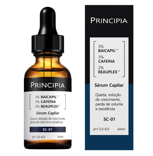 Frasco âmbar de sérum capilar Principia com conta-gotas e embalagem