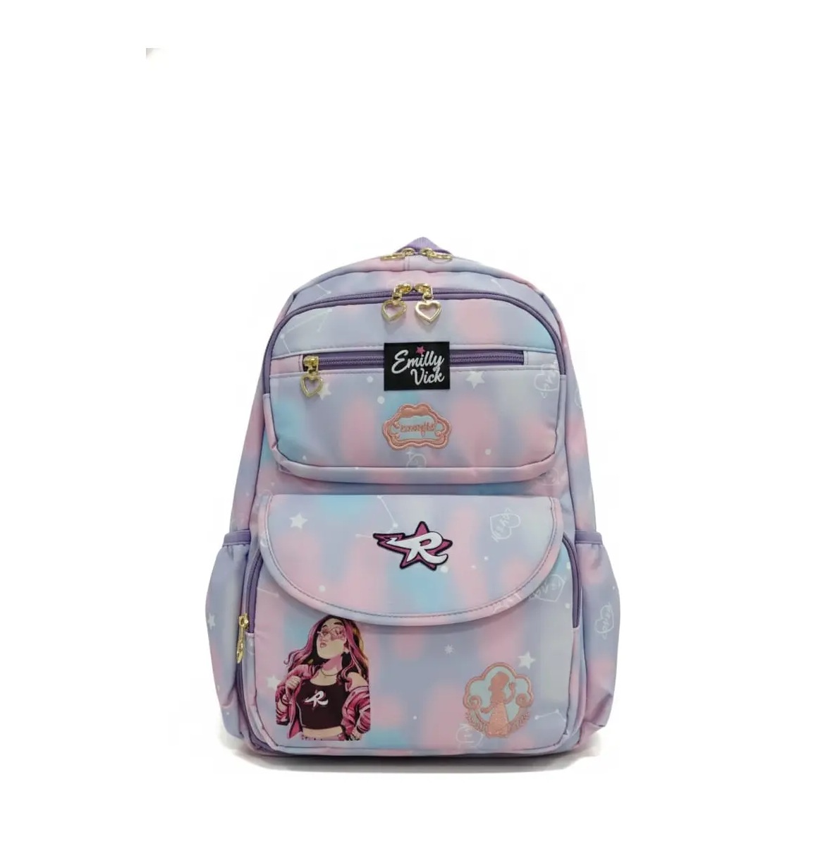 Mochila colorida com estampas e fechos dourados