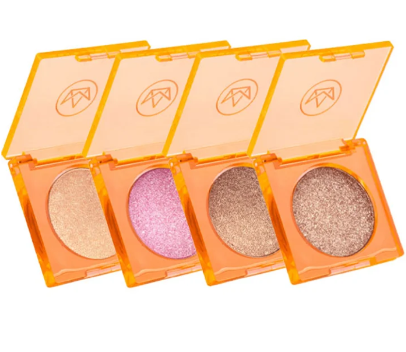 Quatro sombras para olhos em caixas laranjas transparentes com quatro cores diferentes