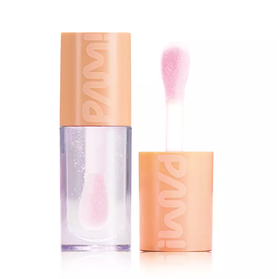Gloss labial transparente com aplicador rosa e tampa cor pêssego PAMU