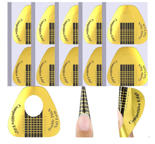 Moldes amarelos e pretos para alongamento de unhas com texto e aplicação em unha natural