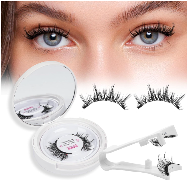 Pestanas postiças pretas volumosas com embalagem branca redonda e aplicador