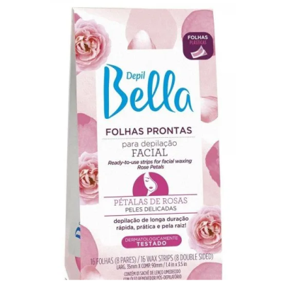 Embalagem de folhas prontas para depilação facial Depil Bella com design floral rosa.
