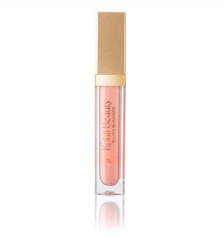 Gloss labial cor de rosa claro em embalagem transparente com tampa dourada