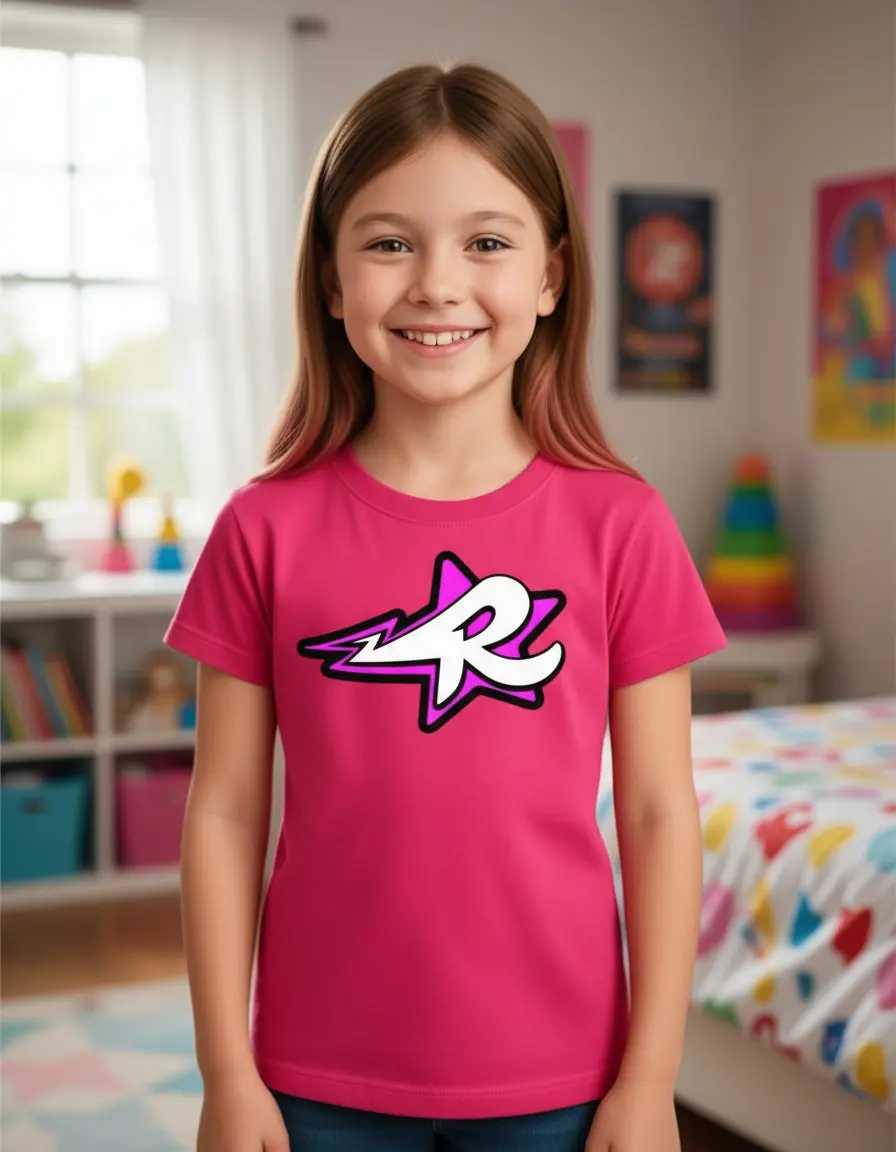 Camiseta rosa de criança com estampa de estrela e letra R.