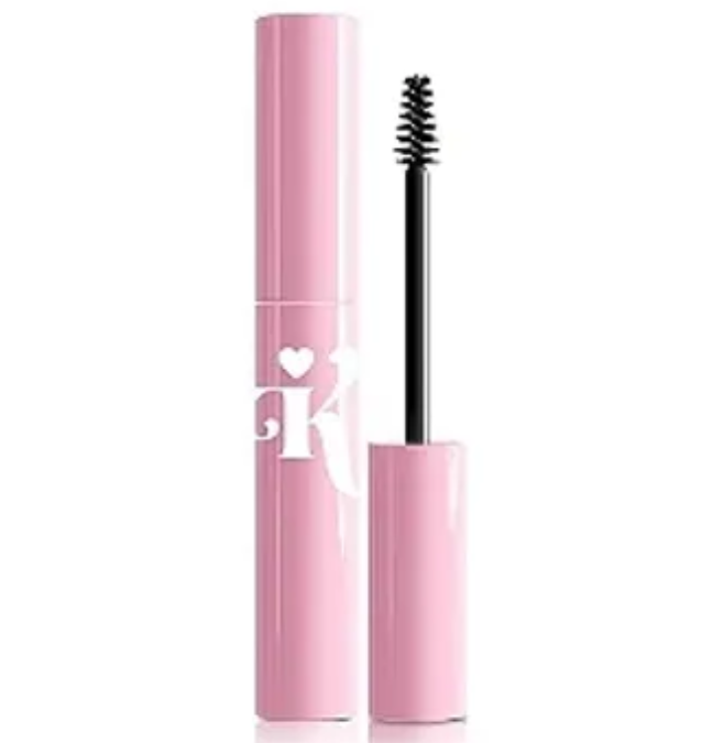 Máscara de pestanas rosa com aplicador preto e texto branco parcial