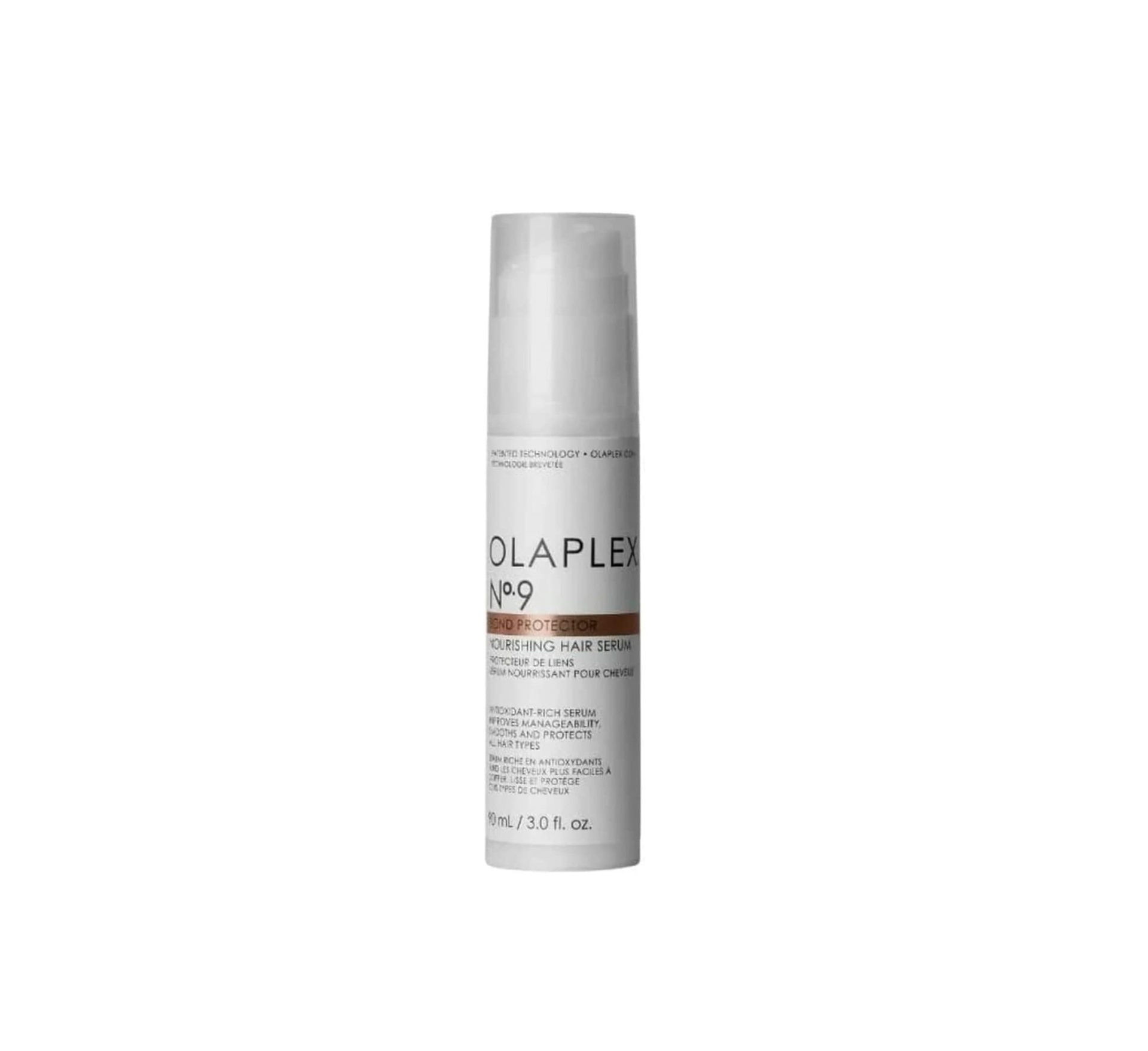 Frasco de Olaplex Nº9 The Bond Protector branco com tampa transparente