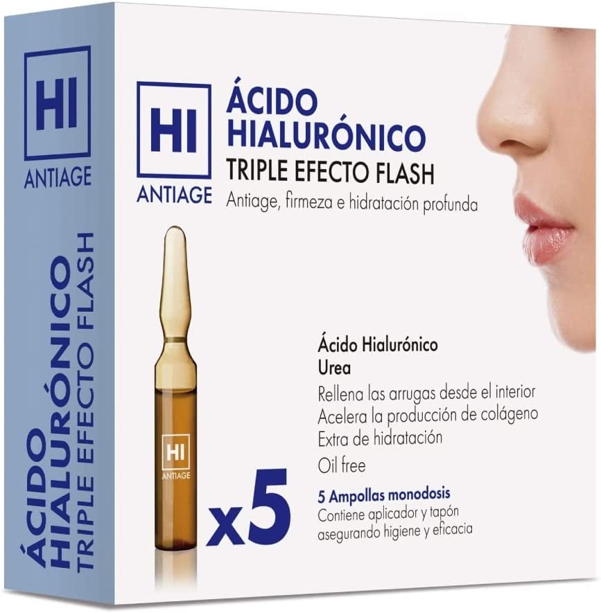 Caixa de ácido hialurónico HI Antiage com 5 ampolas monodose para triple efeito flash