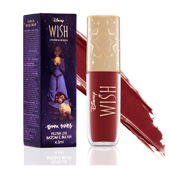 batom líquido vermelho com tampa bege e caixa roxa com ilustração Disney