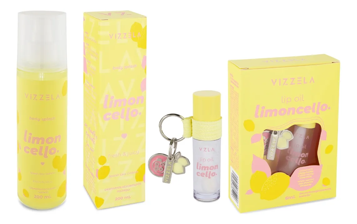 Produtos VIZZELA limoncello body splash e lip oil amarelos com embalagens e chaveiro