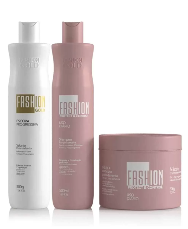 Três produtos capilares Fashion Gold e Fashion Protect & Control em frascos branco e rosa sobre fundo branco