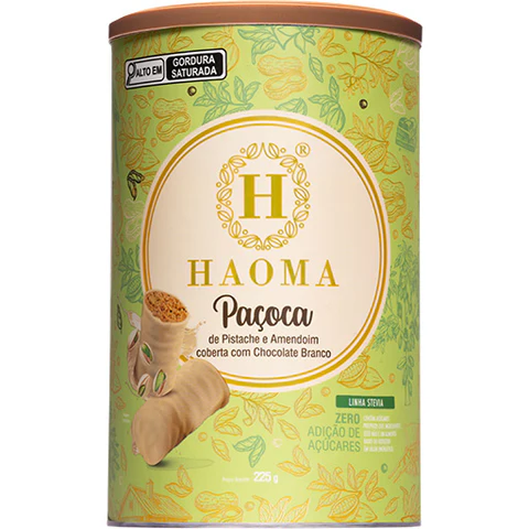 Lata de paçoca Haoma de pistache e amendoim coberta com chocolate branco com rótulo verde e amarelo