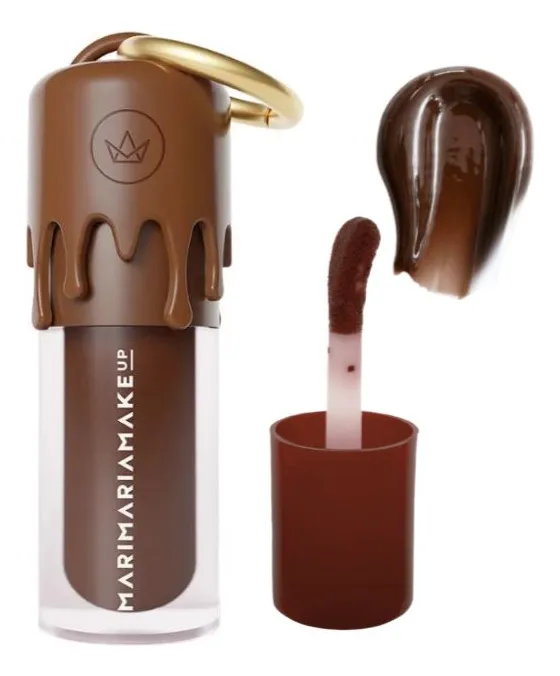 Frasco de cosmético castanho com tampa decorativa e aplicador com produto castanho
