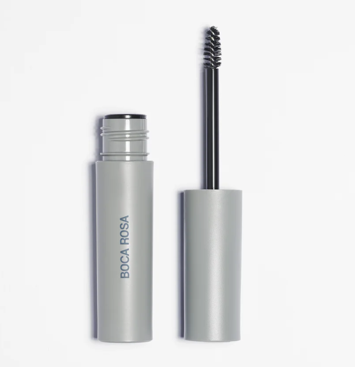 Produto para sobrancelhas com embalagem cinza e escova aplicadora