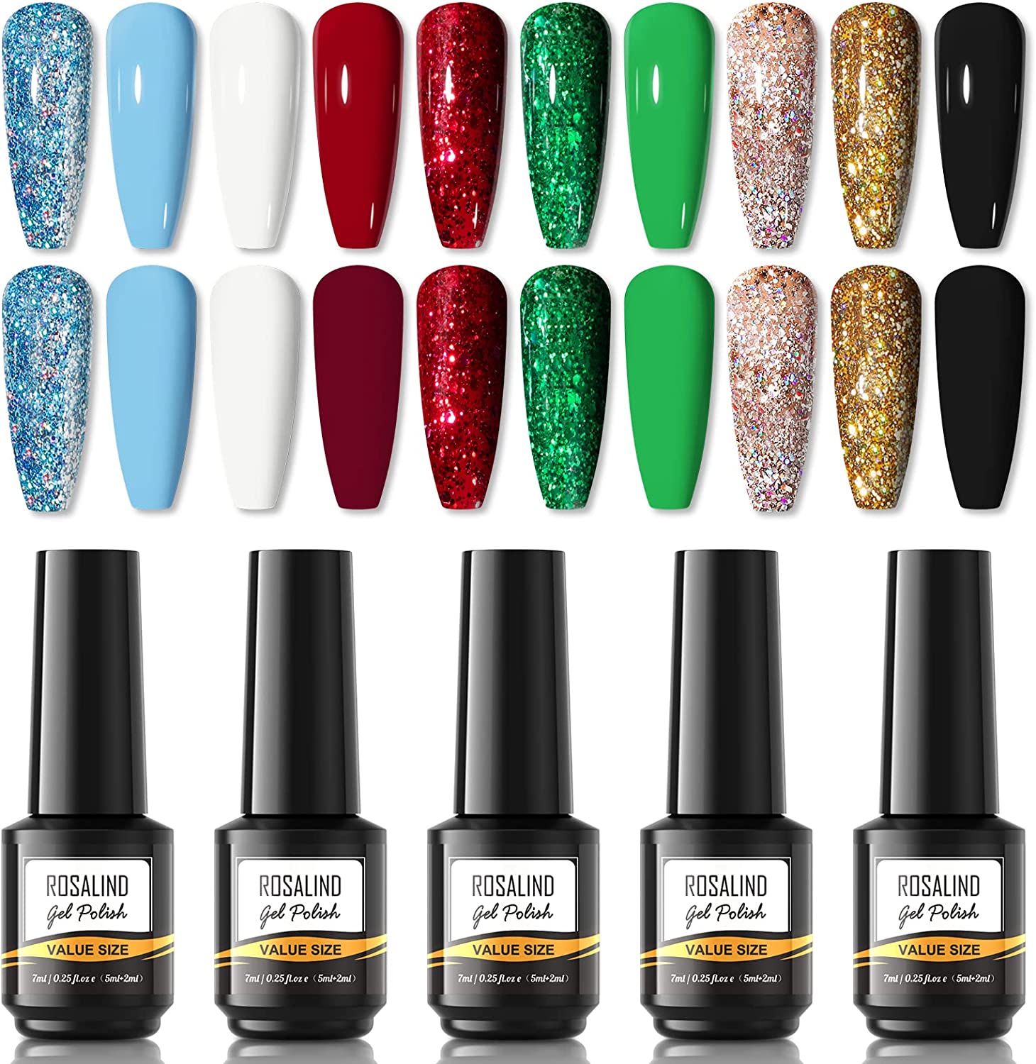 Cinco vernizes Rosalind Gel Polish com amostras de unhas coloridas.