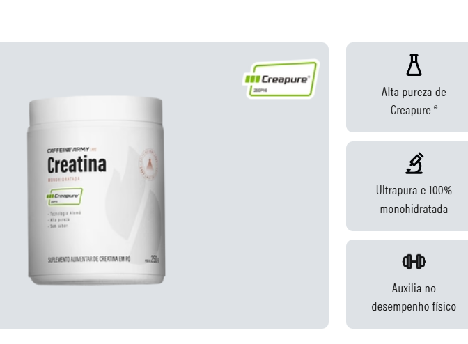 Frasco branco de suplemento alimentar creatina com rótulo e informações ao lado