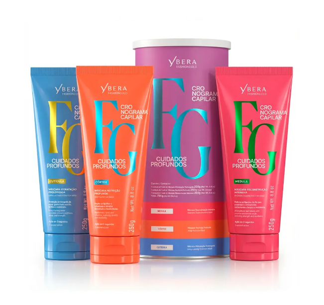 Produtos capilares Ybera Fashiongold de cores azul, laranja e rosa com textos de cuidados profundos