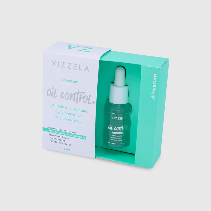 Sérum facial Vizzela Oil Control com conta-gotas na caixa branca e verde