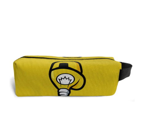 Estojo amarelo com desenho de lâmpada e fecho preto