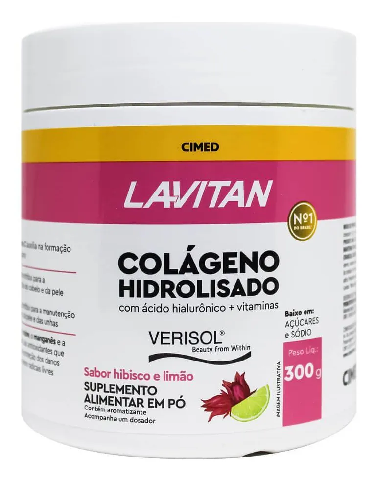 Suplemento alimentar em pó Lavitan Colágeno Hidrolisado sabor hibisco e limão 300g.