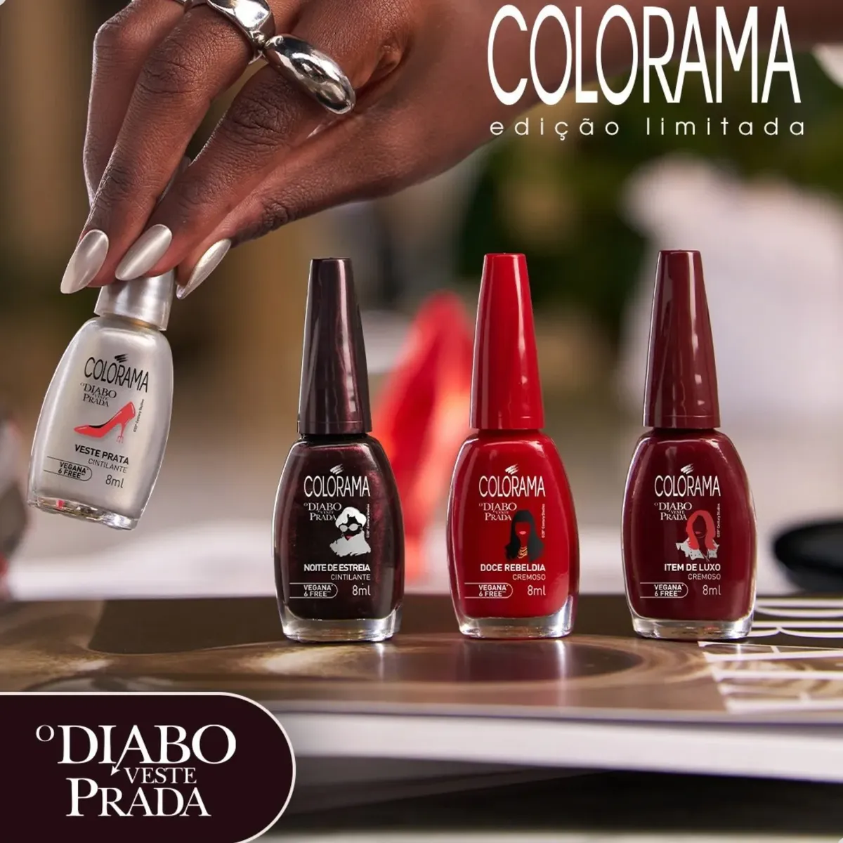 Quatro frascos de verniz Colorama em cores variadas com edição limitada °DIABO VESTE PRADA.