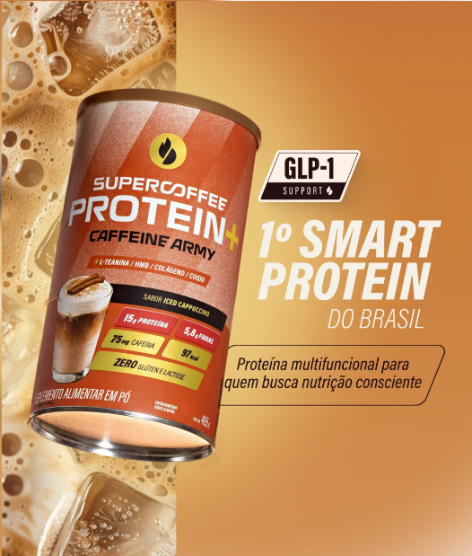 embalagem laranja de proteína em pó SUPERCOFFEE PROTEIN+ sabor iced cappuccino com cubos de gelo