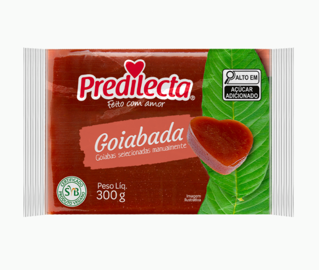 Embalagem de goiabada Predilecta com texto e selo de qualidade