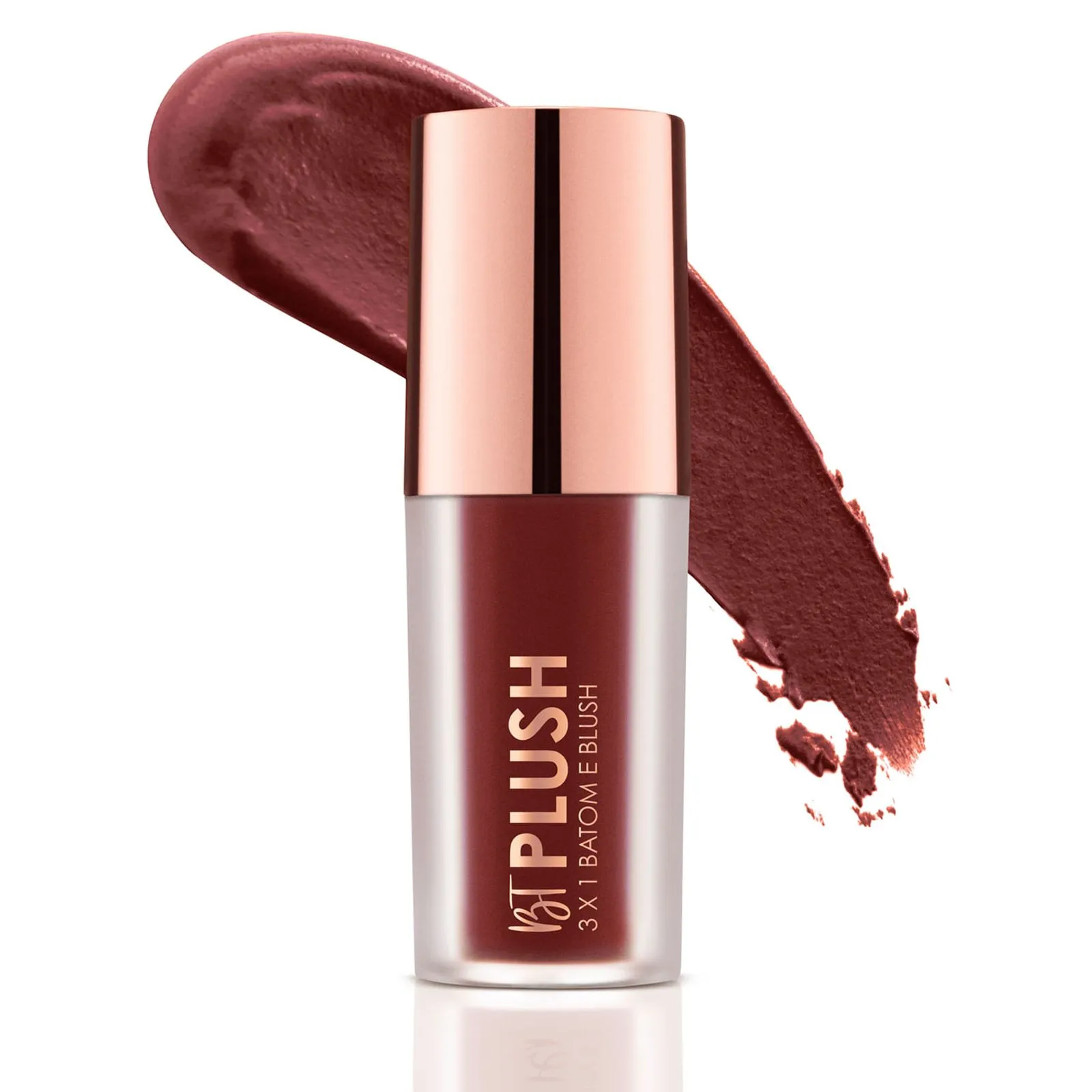 Frasco de produto de maquilhagem vermelho com tampa rosa dourada e texto visível