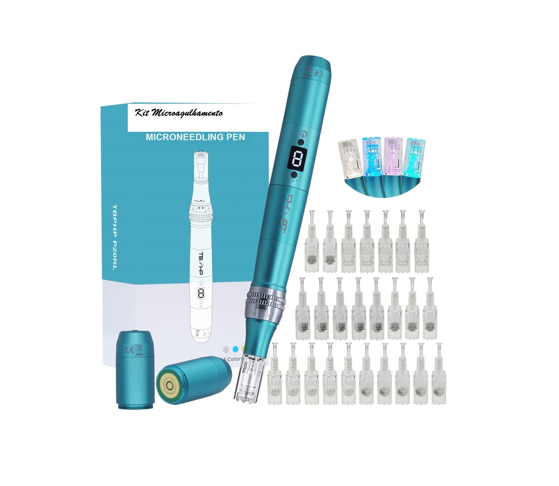 Kit Microneedling Pen com caneta azul metálico e múltiplos cartuchos de agulhas