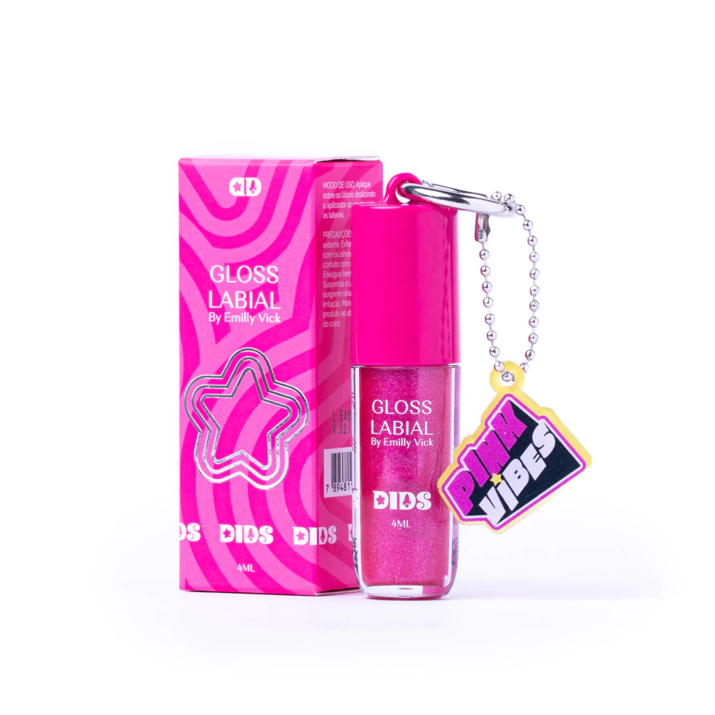 Gloss labial rosa brilhante com embalagem rosa e etiqueta PINK VIBES