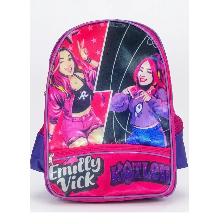 Mochila rosa e roxa com ilustrações de meninas e texto Emilly Vick e Katlen
