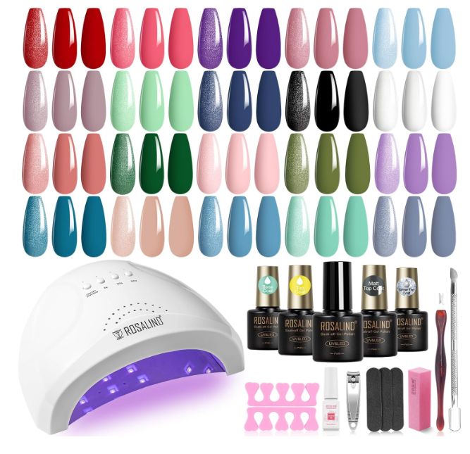 Conjunto de unhas gel com 54 cores variadas, máquina UV branca ROSALIND e acessórios de manicure