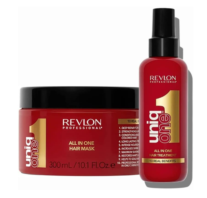 Produtos de cabelo Revlon Professional uniq one em embalagens vermelha e preta.