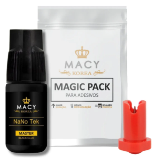 Kit cola preta MACY KOREA com pacote branco MAGIC PACK e acessório vermelho
