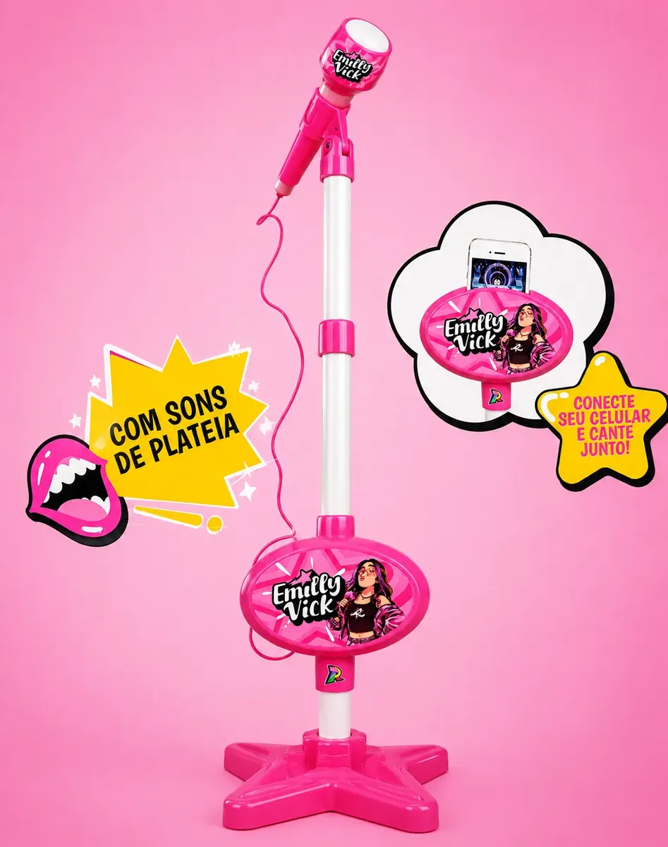 Microfone de brinquedo rosa com base e texto promocional em fundo rosa