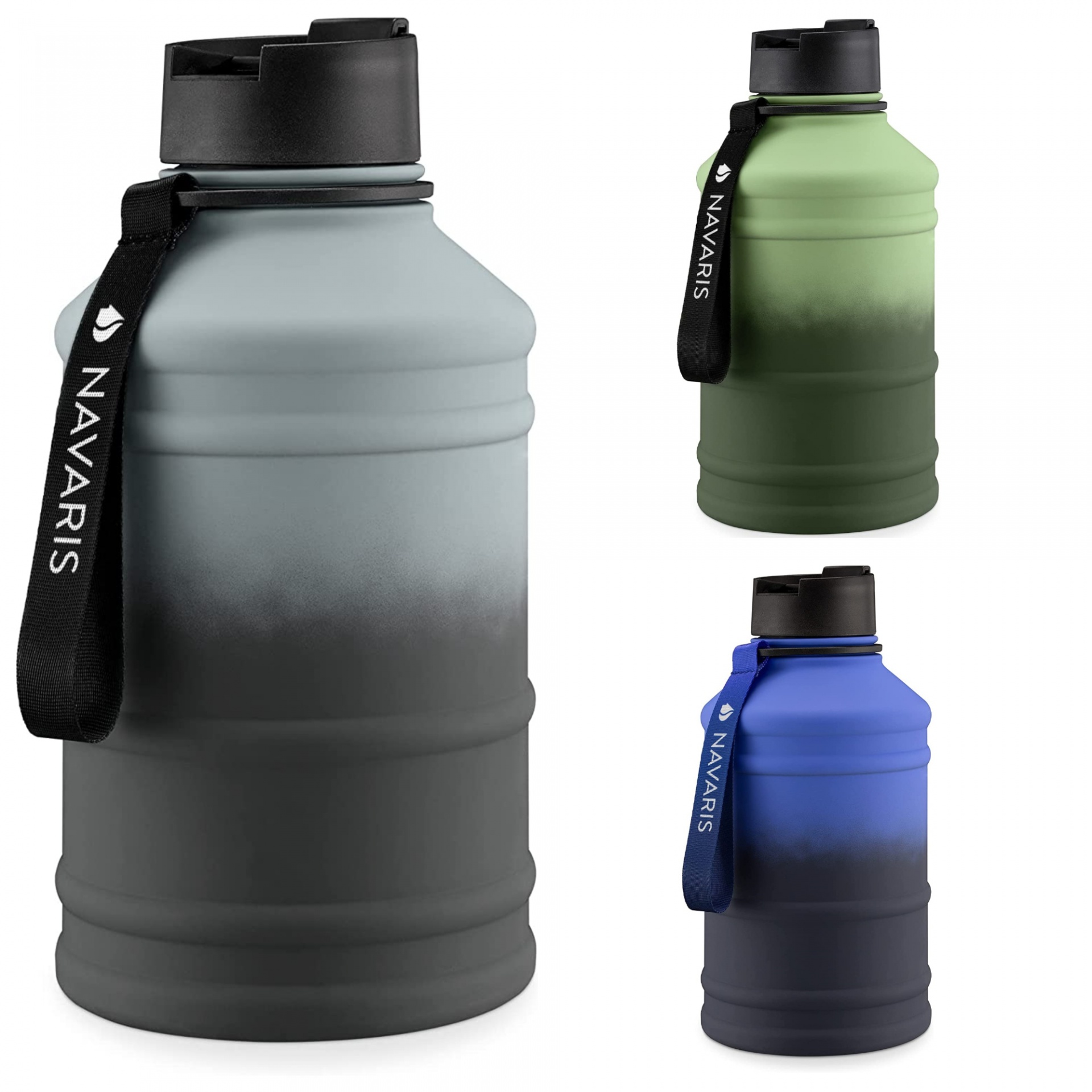 Três garrafas grandes de plástico com tampa preta e alça NAVARIS em cinzento, verde e azul.